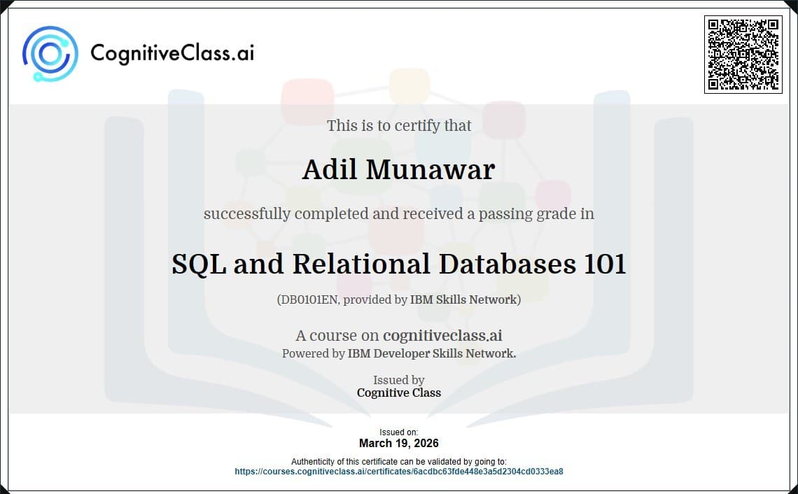 SQL and Relational Databases 101, Cognitive Class / IBM Skills Network